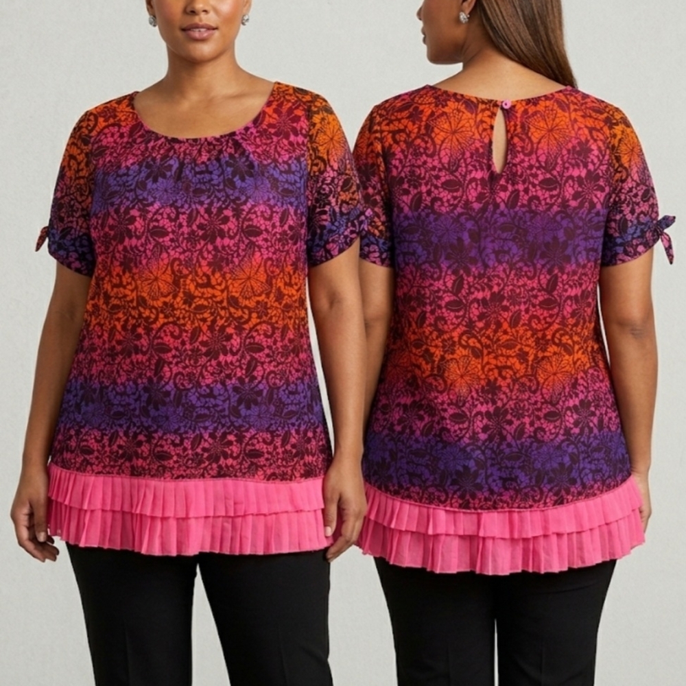 George Girls XL 14-16 Ombre Butterfly Lace Ruffle Tunic Top Pink Purple Orange